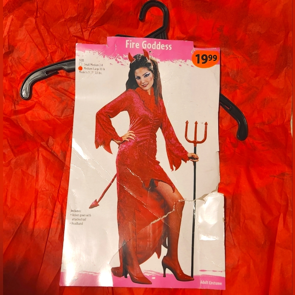 Women's Fire Red Halloween Costume Velvety Dress w tail Horns & Boa Small Med Lg